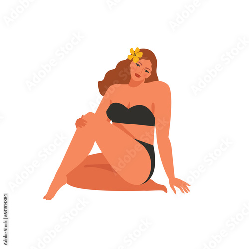 Plump chubby girl in black lingerie. A beautiful young woman sits. Vector stock illustration of plus size woman isolated on white background.