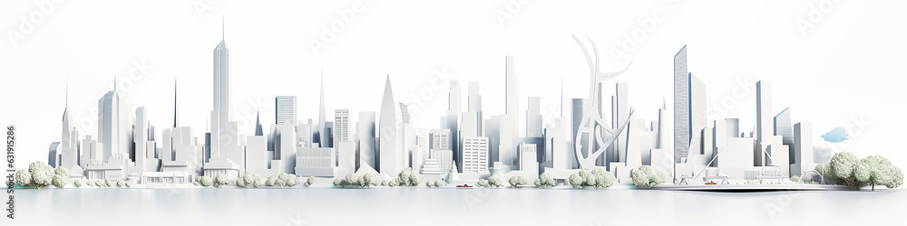 white city cityline paper sculpture long panorama background layout. - obrazy, fototapety, plakaty 