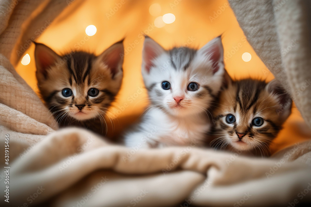 Kittens Cuddling Under a Blanket