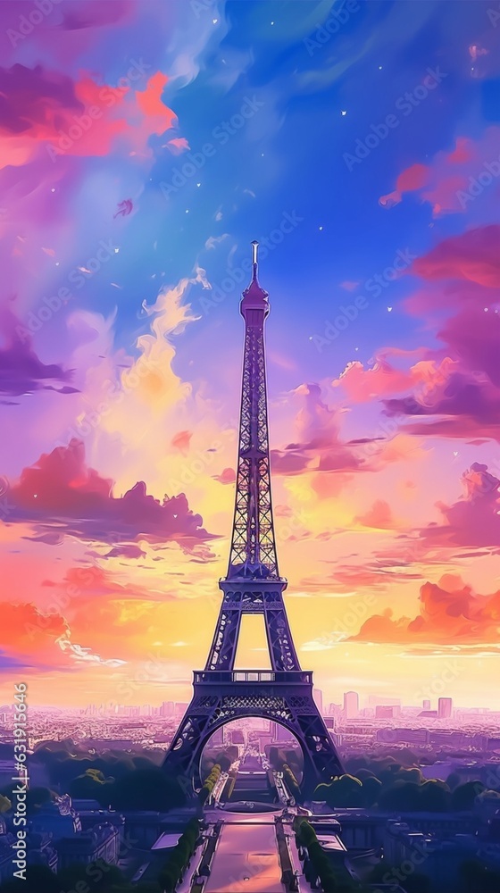 Eiffel tower with beautiful colorful sky famous photography image AI generated art