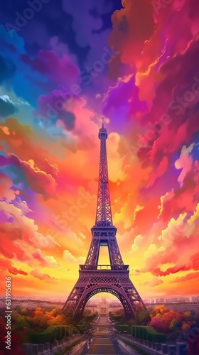 Eiffel tower with beautiful colorful sky famous photography image AI generated art