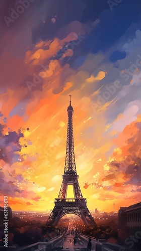 Eiffel tower with beautiful colorful sky famous photography image AI generated art © Protap Biswas