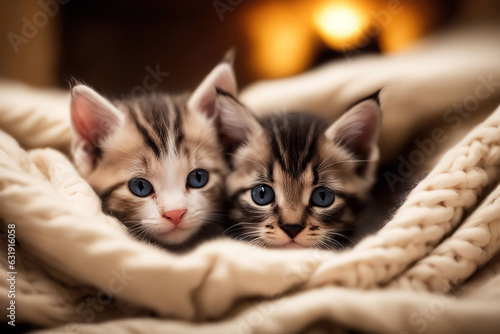 Kittens Cuddling Under a Blanket photo