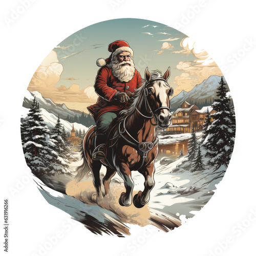  Santa wearing a vintage-style Christmas t-shirt featuring a nostalgic scene of a horse-drawn sleigh gliding through snow-covered villages, Generative Ai
