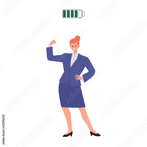 Happy active business woman cartoon character with good battery status gesturing force and power