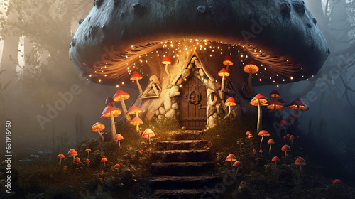 a small house made of mystical dream mushrooms.