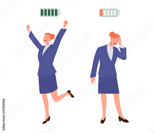 Positive active and stressed tired businesswoman with high and low battery indicator of motivation