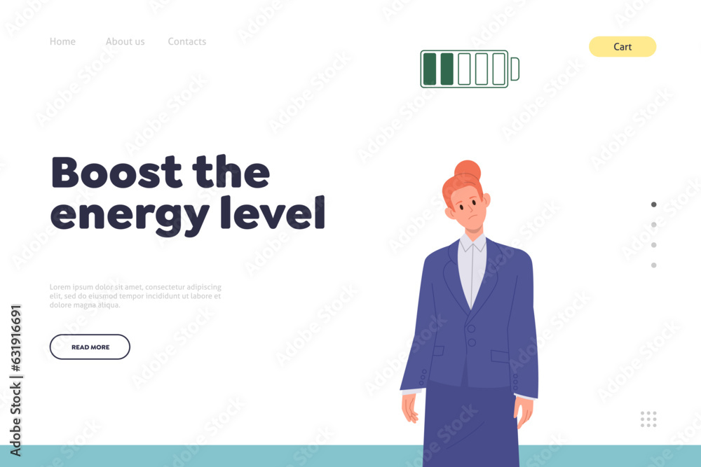 Boost energy level motivation landing page template with unhappy businesswoman feeling tired design Boost energy level motivation landing page template with unhappy businesswoman feeling tired design