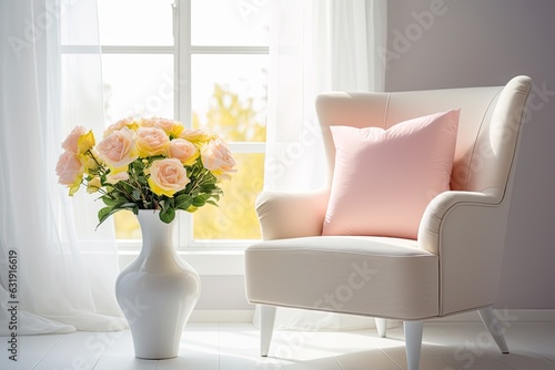 A classic armchair is placed next to a white table, adorned with a modern white vase filled with pink and yellow roses.
