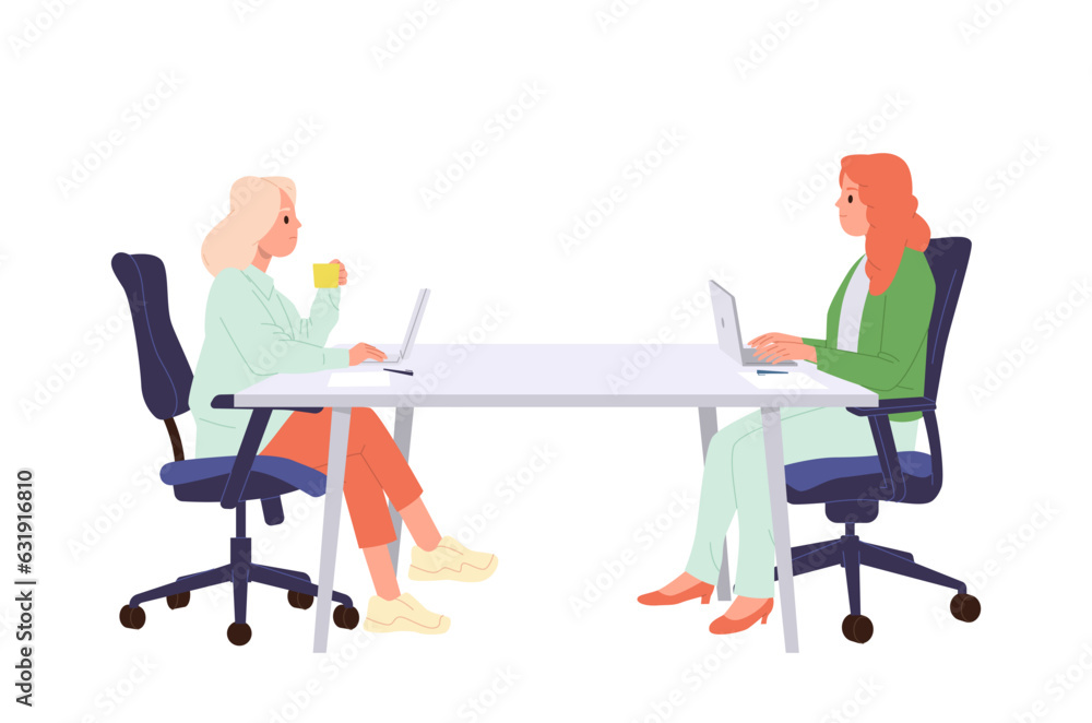 Woman coworker using laptop computer working at table sharing open office workspace together Woman coworker using laptop computer working at table sharing open office workspace together