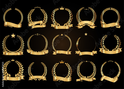 Collection of Golden laurel wreath with golden ribbons vector illustration