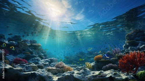 Colorful underwater seascape with fish, corals and sunlight