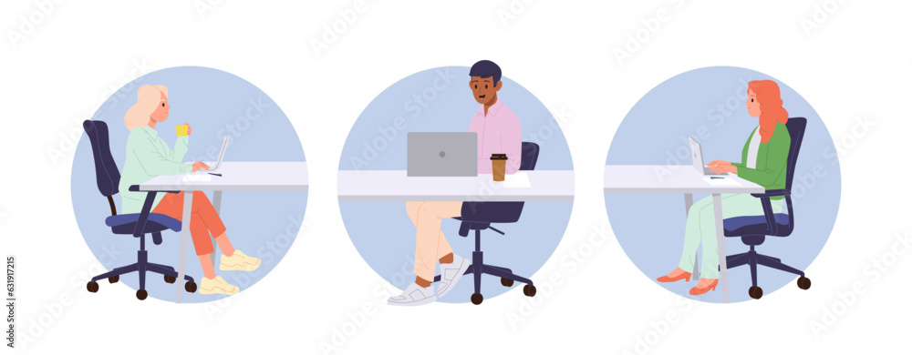Fototapeta premium Isolated set of round icon composition of working people using laptop for online project development