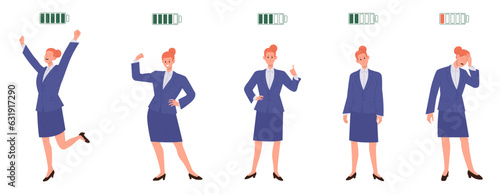 Isolated set of different energy level of businesswoman with charged and uncharged battery