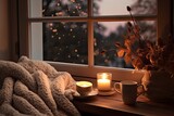 A cup of cocoa or hot chocolate adorned with marshmallows sits beside the window, accompanied by candles, pumpkins, a book, and a cozy blanket. This creates a welcoming and comfortable ambiance in a