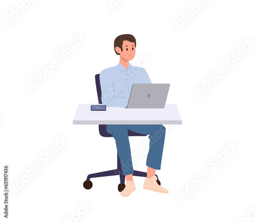 Business man freelancer cartoon character working on laptop computer sitting at desk table