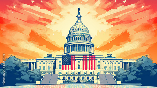 Retro US Capitol Risograph in Pop Art Color Theme - Political Cartoon Concept of the Heart of American Democracy in Washington DC - Generative AI