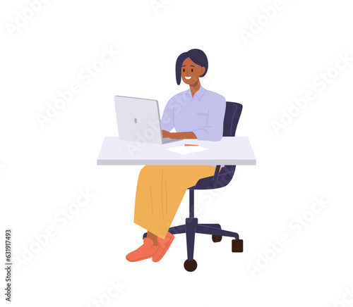 Happy woman cartoon female blogger character working on laptop computer sitting at desk table