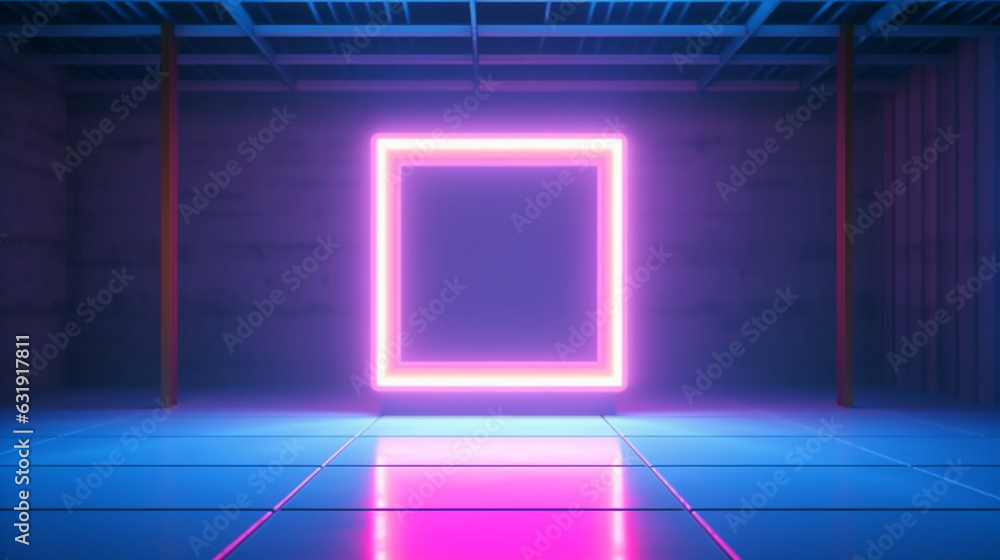 neon glowing rectangular frame on a blurry background. neon glowing rectangular frame on a blurry background.
