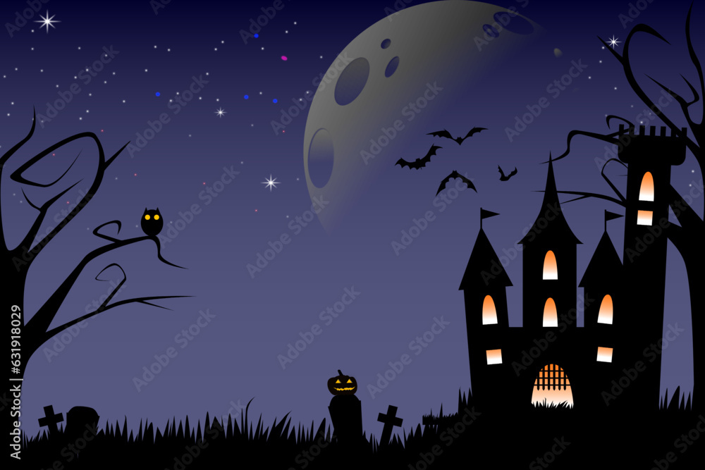 Halloween Haunted House or dark castle on deep blue sky background. Halloween symbols witch owl, pumpkin, full moon and flying bat.