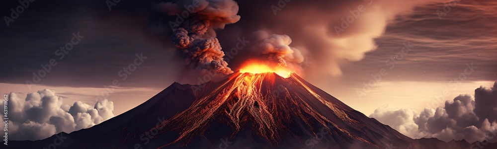 Volcano eruption at sunset. 3D render of volcano eruption at sunset. Magestic voulcano. 