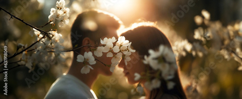 Young couple of man and woman standing close under a blooming cherry tree. Sunset, white blossoms around in the sunlight. Made by Generative AI