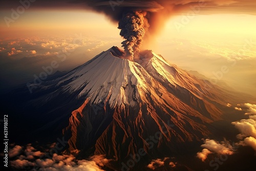 Volcano eruption at sunset. 3D render of volcano eruption at sunset. Magestic voulcano.  photo