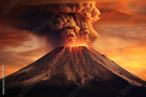 Volcanic eruption with smoke and ash in the foreground, close-up. Volcano eruption at sunset. Magestic voulcano. 