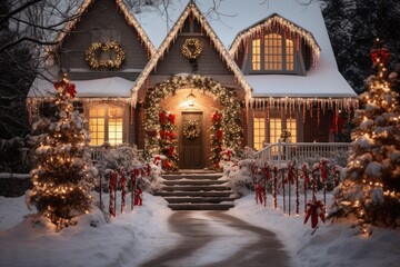 Traditional houses decorated with christmas garlands and lights