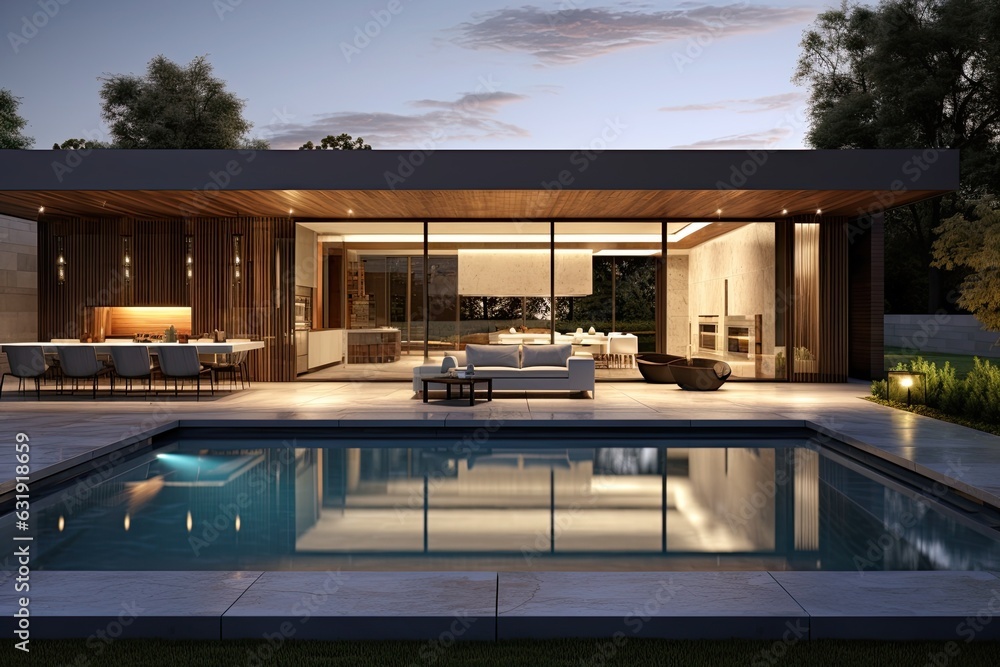Fototapeta premium A contemporary home illuminated by the fading daylight, featuring a pool and outdoor grill in the backyard.