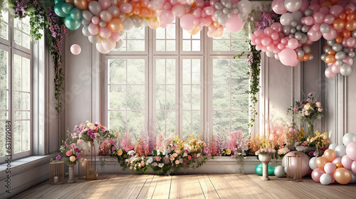 studio window decorated with balls colorful holiday. © kichigin19