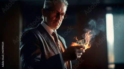 Serious businessman in business suit and glasses is holding a burning banknote. Burning money currency at the office. Financial crisis. Economic problems, inflation, recession concept. photo