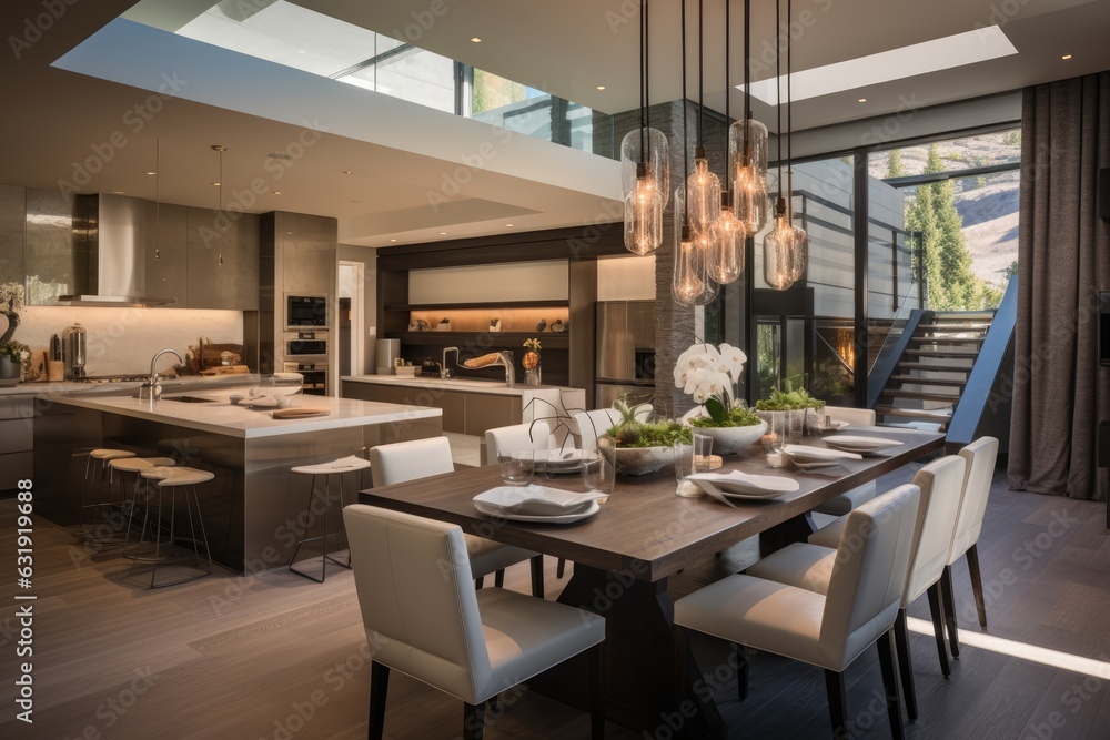 A contemporary dining area boasting a kitchen counter and a central living space in the heart of the home.
