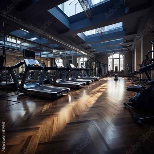 Gym with modern running and strength training equipment. Beautiful interior for sports and fitness. Fat burning cardio workouts. 
