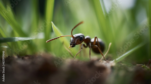 A black ant walking through green grass © The animal shed 274