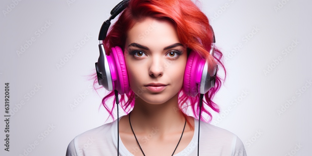 Focused enchanting female DJ wearing headphones Ai Generative