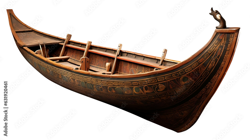 Egyptian wooden boat. Fishing boat on the river, traditional boat to catch fish. Isolated on transparency. Generative AI. Egyptian wooden boat. Fishing boat on the river, traditional boat to catch fish. Isolated on transparency. Generative AI.