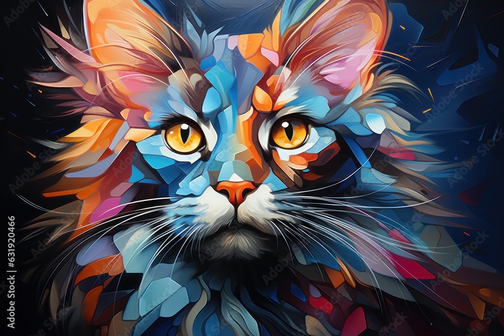 Abstract modern colorful digital art of cat face portrait.