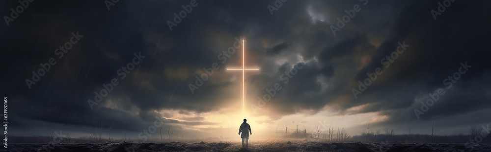 panoramic landscape a lonely man at a glowing cross concept biblical religion. - obrazy, fototapety, plakaty 