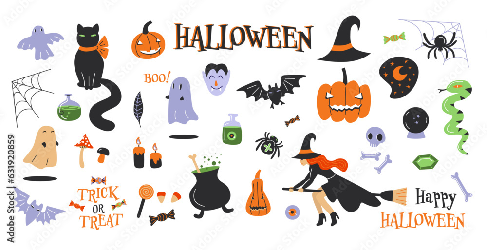 Halloween set. Illustration of cute witch, ghost, pumpkin, vampire, cat, bat, spider. Useful for scrapbooking, stickers, greeting card, party invitation, and poster.