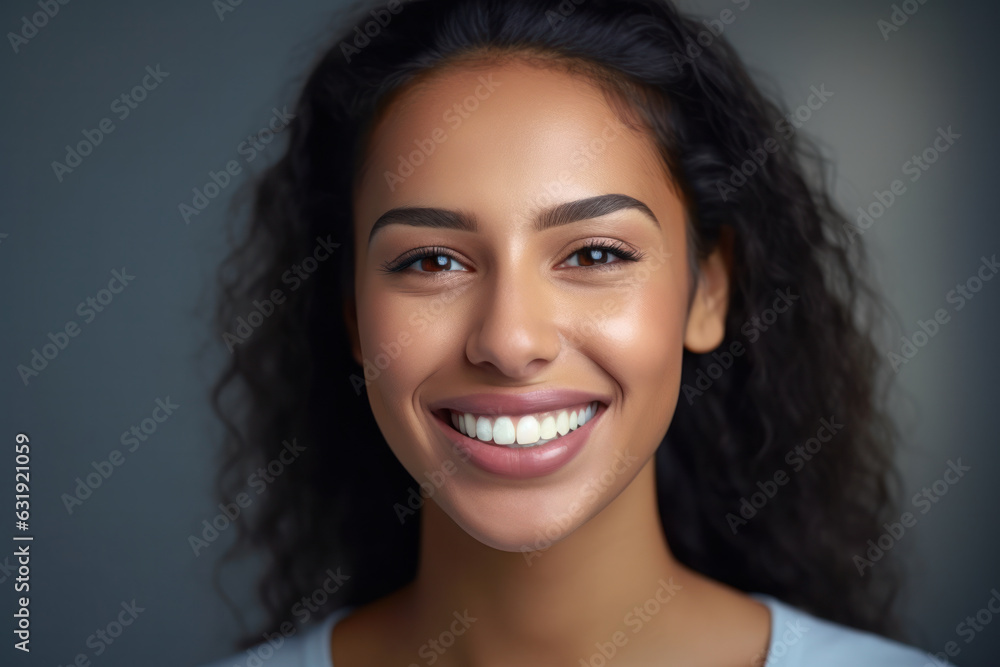 Close-up of successful multiethnic woman with a beautiful smile. Latin woman looking at camera with a big whitening teeth smile. Isolated on grey wall with copy space. Close-up of successful multiethnic woman with a beautiful smile. Latin woman looking at camera with a big whitening teeth smile. Isolated on grey wall with copy space.