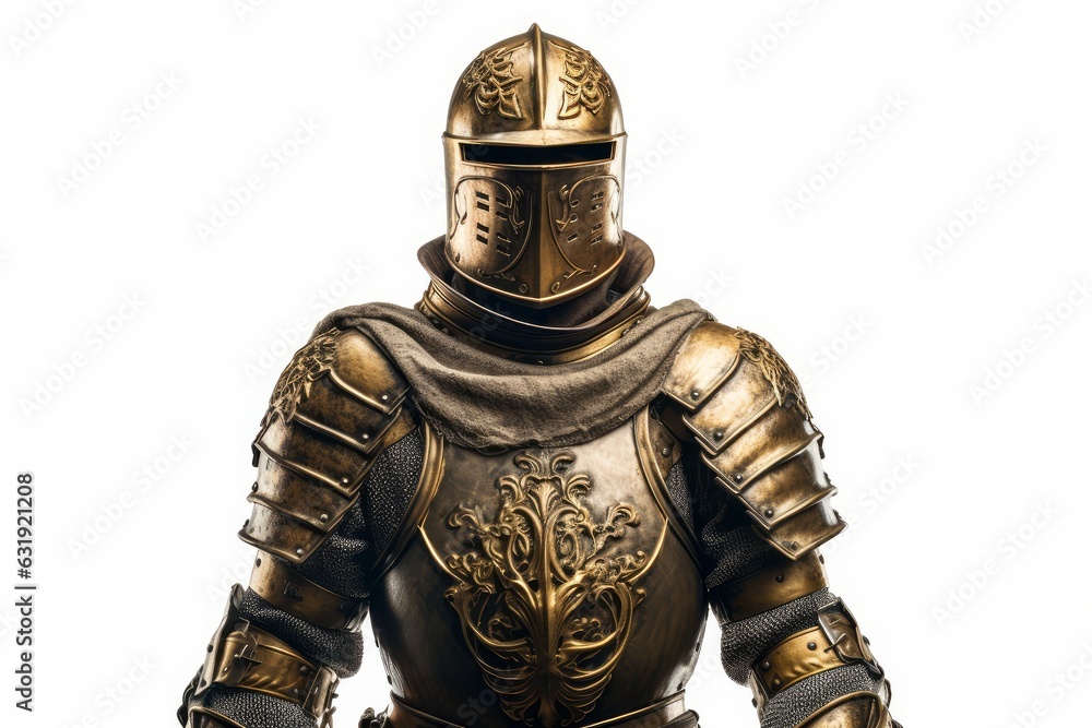 a closeup photo image of a medieval knight in a golden and steel armour. isolated on white studio background. Generative AI a closeup photo image of a medieval knight in a golden and steel armour. isolated on white studio background. Generative AI