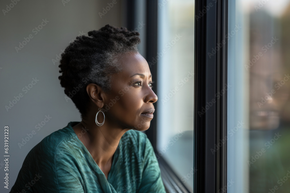 © Ai Studio - Mature African woman uncertain, looking outside window. Thoughtful mid-adult woman contemplating her future business after the pandemic. Doubtful lady at home. © Ai Studio - Mature African woman uncertain, looking outside window. Thoughtful mid-adult woman contemplating her future business after the pandemic. Doubtful lady at home.