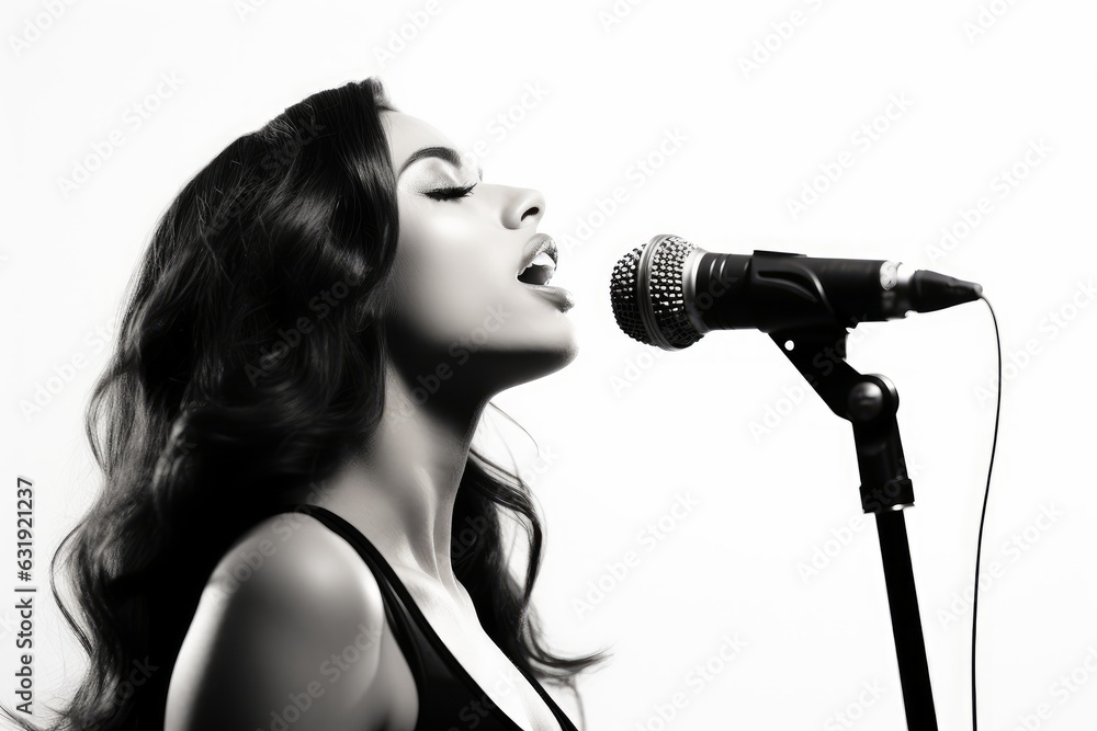© SayLi - a beautiful american female singer woman singing into microphone. isolated on white studio background. black and white filter. Generative AI © SayLi - a beautiful american female singer woman singing into microphone. isolated on white studio background. black and white filter. Generative AI