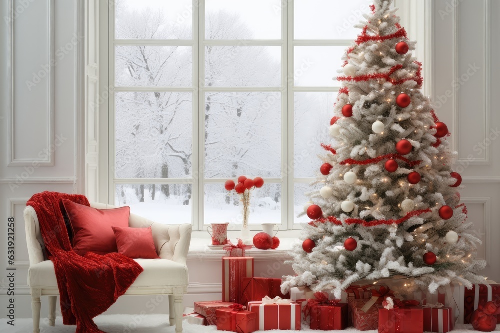 A Christmas tree adorned with red presents brings color to a pristine white room during the holiday season.