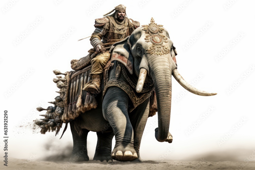 Fototapeta premium a ancient fantasy indian warrior with a weapon riding a battle war elephant. isolated on white studio background. Generative AI