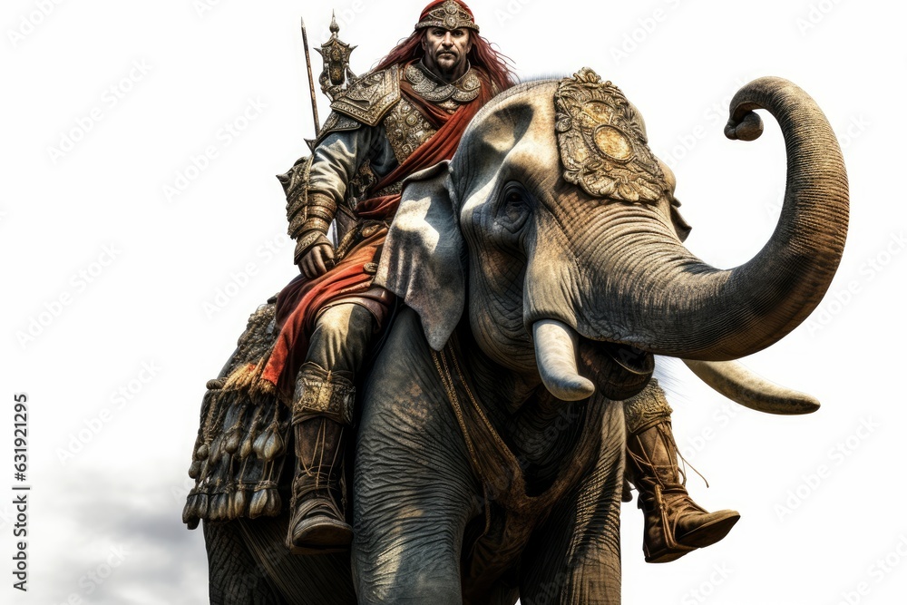 a ancient fantasy indian warrior with a weapon riding a battle war elephant. isolated on white studio background. Generative AI a ancient fantasy indian warrior with a weapon riding a battle war elephant. isolated on white studio background. Generative AI