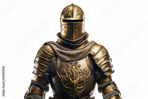 a closeup photo image of a medieval knight in a golden and steel armour. isolated on white studio background. Generative AI