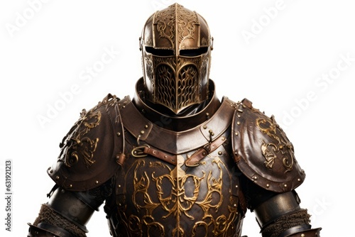 a closeup photo image of a medieval knight in a gold, bronze and steel armour. isolated on white studio background. Generative AI