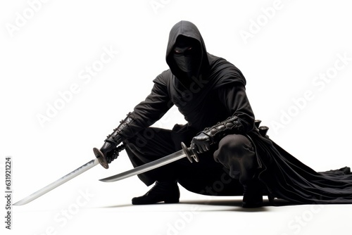 Vászonkép a photo of a japanese ninja assassin warrior with swords weapon and black ninja outfit